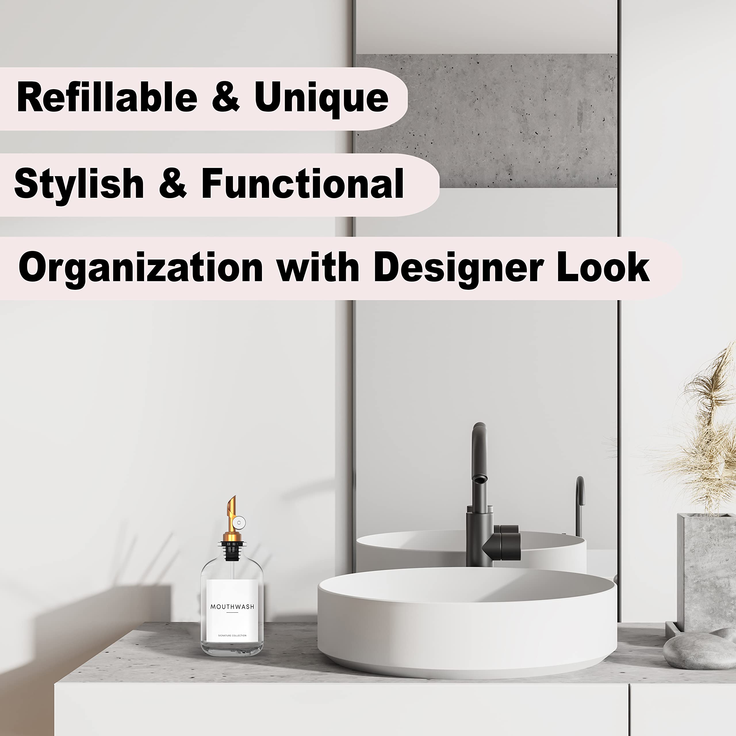 Washee Mouthwash Dispenser For Bathroom - Glass Mouthwash Container (12.7 Oz) With Weighted Pour Spout & 4 Mouthwash Bottle Labe